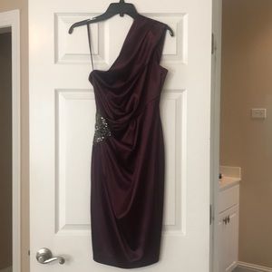 One shoulder, satin finish plum dress